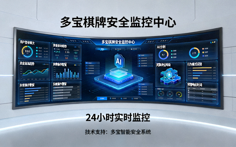 多宝棋牌安全监控中心示意图 - 大屏幕显示实时数据监控与AI分析面板