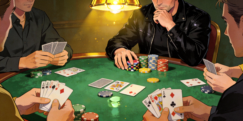 多宝棋牌德州扑克游戏场景 - 绿色牌桌，玩家正在下注思考