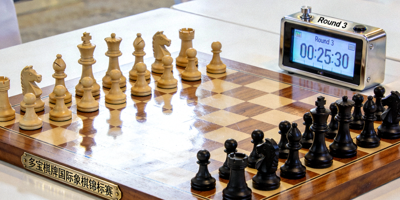 多宝棋牌国际象棋锦标赛场景 - 棋盘特写与计时器